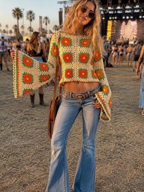 Boho Crochet Bell Sleeve Sweater - Cream with Orange & Green *see description